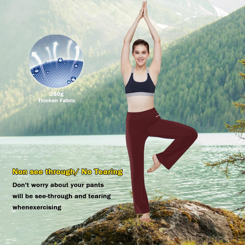 HISKYWIN Inner Pocket Yoga Pants 4 Way Stretch Tummy Control Workout Running Pants, Long Bootleg Flare Pants HF2-Bordeaux-XL - Image 5